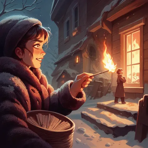 A masterpiece, delicate animation illustration, funny and crazy. Cinematic proof, 19th century, winter European night, burning house, Little Match Girl watching it. She lights a match and smiles with satisfaction. She is putting on her coat.