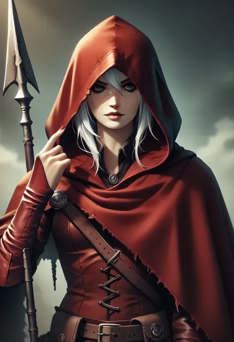 villain, a post apocalyptic/dystopian paladin,tomboy,woman,skinny,red clothes,red cape,hooded,white hair,scarlet spear,nomad,ins...