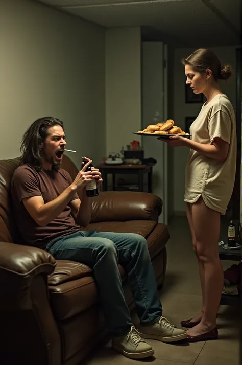 a vintage photo of a 23 year old boy with long, dirty wui hair sitting on a large brown leather couch in the basement. he smokes a cigarette and holds a beer in his hands. he is angry and shouts sn pointing at his mother, a woman is 40 years old, who is ho...