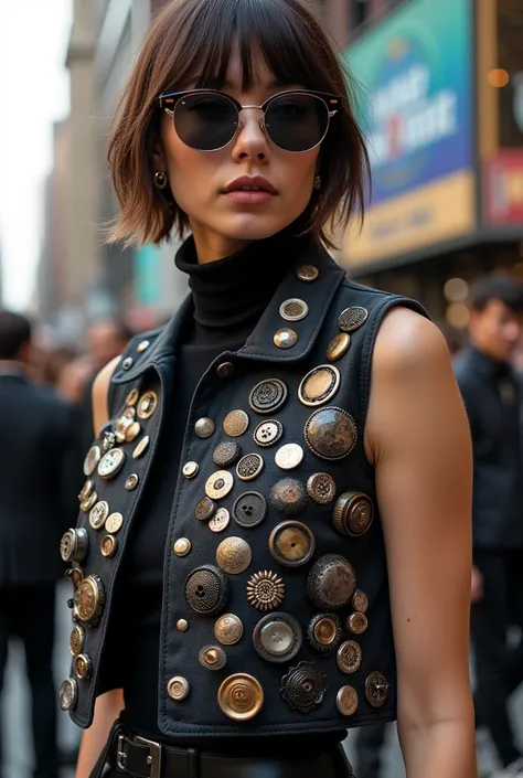 A sleeveless jacket full of buttons
