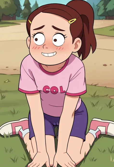 score_9, score_8_up, score_7_up, BREAK, grenda, 1 girl, brown hair, pink t-shirt, purple shorts, ponytail, hairclip, outdoors, shy, on fours, on knees, smiling, blush, sitting on grass, cameltoe, flat chest, covered nipples,