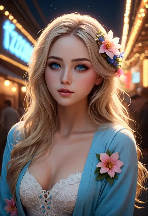 ((Flower style)), (advntr), (1 woman_back, whole body), (((alone))), (realistic:1.5), light particles, realism, photorealistic, octane render, 8k, neon lights, detailed face, detailed eyes, long line, very long hair, blonde hair, blue eyes, (sharp eyeliner...