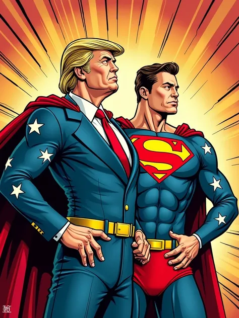 1960’s style comic book cover showing donald trump and  elon musk dressed as patriotic American superheroes —ar 5:8