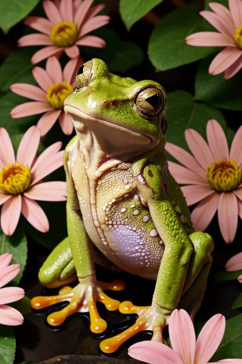 Realistic frog, detailled, true to original representation, with colorful flowers, Anime to print on request 