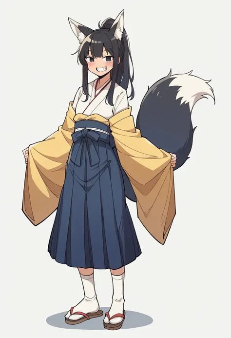  1 person、solo、Long Hair、chest、Staring at the audience、blush、smile、skirt、Simple Background、Black Hair、Knee socks、Long sleeve、White background、Animal Ears、Are standing、tail、whole body、ponytail、kimono、teeth、Wide sleeves、kimono、Hair above one eye、Grin、black e...