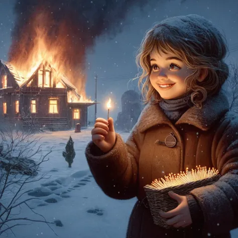 A masterpiece, delicate animation illustration, funny and crazy. Cinematic proof, 19th century, winter European night, burning house, Little Match Girl watching it. She lights a match and smiles with satisfaction. She is putting on her coat.