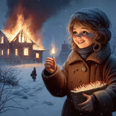 A masterpiece, delicate animation illustration, funny and crazy. Cinematic proof, 19th century, winter European night, burning house, Little Match Girl watching it. She lights a match and smiles with satisfaction. She is putting on her coat.