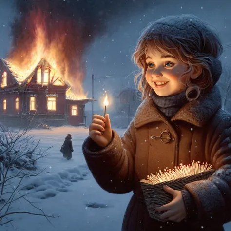 A masterpiece, delicate animation illustration, funny and crazy. Cinematic proof, 19th century, winter European night, burning house, Little Match Girl watching it. She lights a match and smiles with satisfaction. She is putting on her coat.