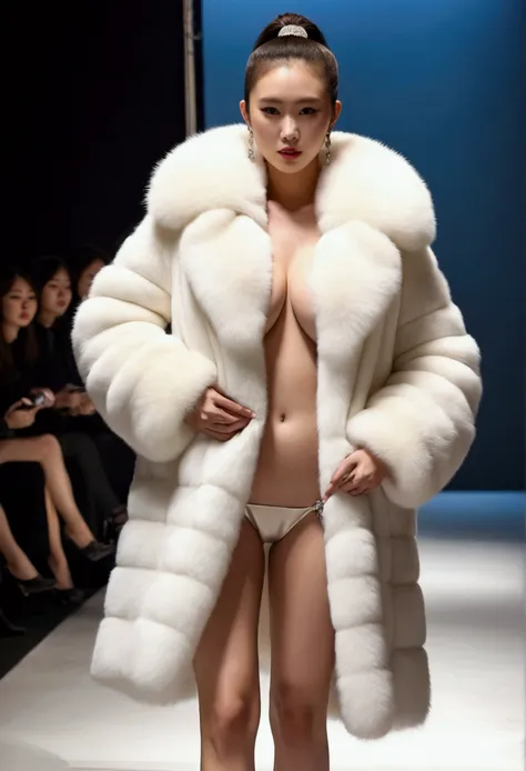 Very wide、Very thick, white mink fur coat, Thickness 100 cm, fluffy, nature, Thick white mink fur collar, 3 floors、(Fur fashion show)、Nordic beauties、High ponytail、Big Breasts 2.1、naked、Squat down and spread your legs