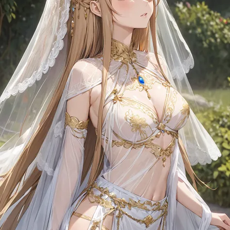 ((Highest quality)), ((masterpiece)), (detailed), （Perfect Face）、The woman is Yuuki Asuna, with light brown, medium-long hair, wearing a completely transparent outfit with gorgeous gold embroidery and trim, a veil, a transparent cape, and gorgeous accessor...