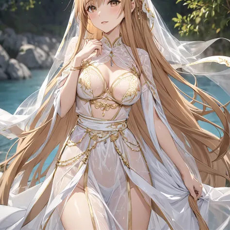 ((Highest quality)), ((masterpiece)), (detailed), （Perfect Face）、The woman is Yuuki Asuna, with light brown, medium-long hair, wearing a completely transparent outfit with gorgeous gold embroidery and trim, a veil, a transparent cape, and gorgeous accessor...