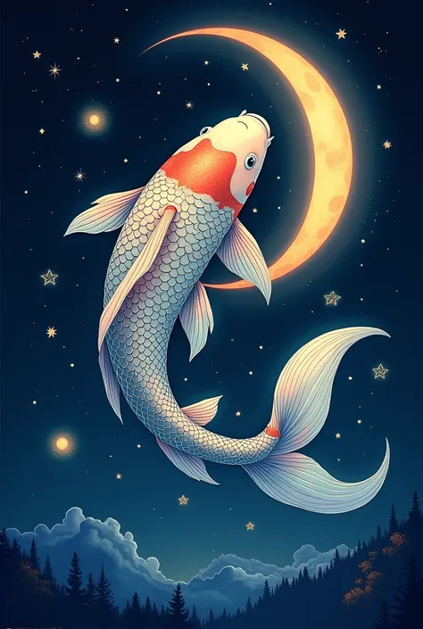 Draw a carp in a crescent moon, next to it are many twinkling stars
