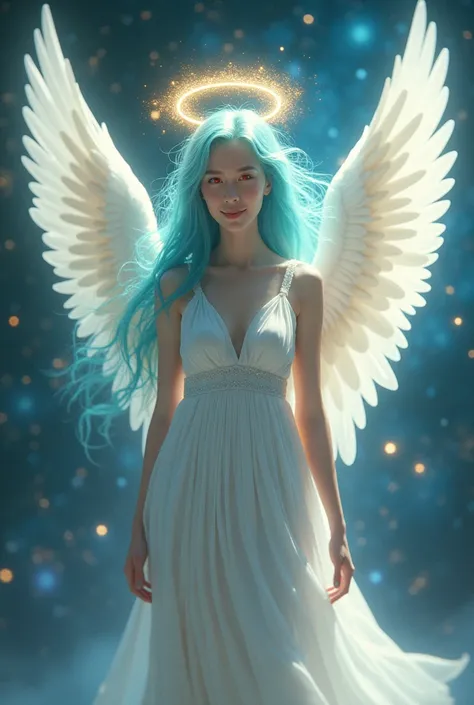 A woman, Cyan hair, Red Eyes, Smile, Angel Wings, Golden Halo, White Dress, upright, In outer space, Milky Way in the background, stars in the distance, Upper Body