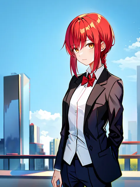 a girl，red hair，suit，bangs，