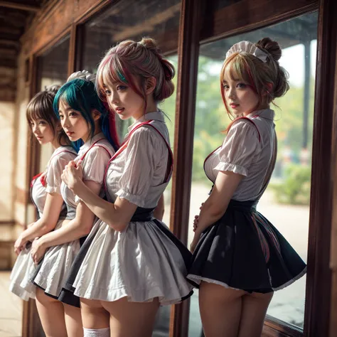 (Fisheye Lens Full Body wide Shot), (Extremely Detailed((Kawaii Maid Group in a row:1.37))), Childish perfect face, Reflective Eyes, Detailed(Delicate Clothing textures), Dynamic Joyful Expressions LifeLike Rendering, Specular Reflection, TopQuality 8K Ult...