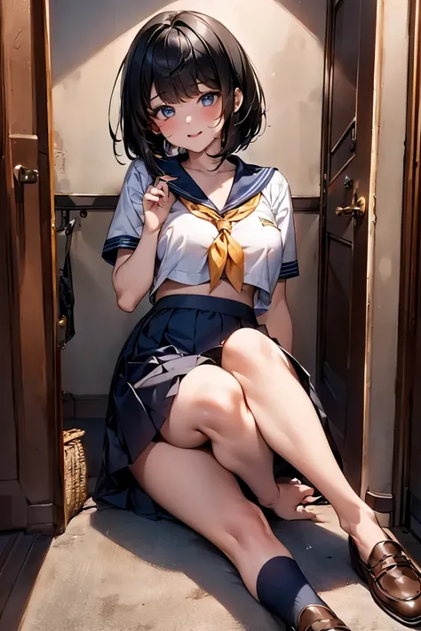 Browsing Caution,​(Highest quality, 8k, masterpiece:1.3,beautiful girl), (Very detailed)Glowing Skin,((Short sleeve, cute navy sailor suit, Navy Pleated Skirt, Navy sailor collar, Blue Sailor Scarf, socks, Brown Loafers)), ,(Perfect Anatomy, Anatomically c...