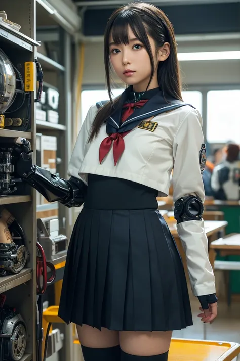 masterpiece, Best Quality, Extremely detailed, Japaese android highschool Girl,Plump ,Navy Pleated Mini Skirt,Black tights,control panels,android,Droid,Mechanical Hand, Robot arms and legs, Black Robot Parts,Black hair,Mechanical body,Blunt bangs,White abd...