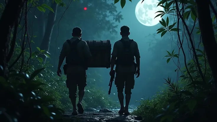 Two Cambodian hunters carrying guns carrying a treasure chest through the jungle at night with many red-eyed spectacles 8k  