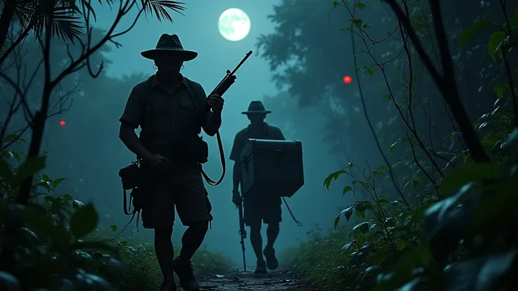 Two Cambodian hunters carrying guns carrying a treasure chest through the jungle at night with many red-eyed spectacles 8k  