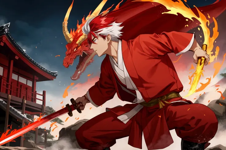 Japanese anime swordsman wearing a red outfit, a red robe, standing in front of a Japanese village, holding a red sword on fire, using the ultimate move, the Fire Dragon move.