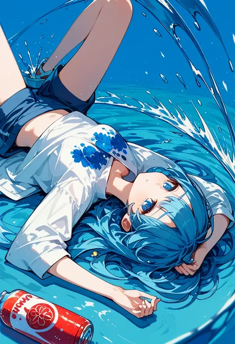 score_9, score_8_up,score_7_up,flat color,(masterpiece, best quality:1.1),anime girl laying on the ground with a bottle of water,blue water,  drinks, cute, anime asthetic, soda themed girl, blue colour splash,simple background, beautiful anime art style, s...