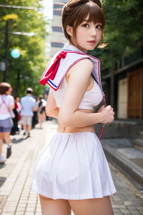 Aiki Enami walking around town in a Sailor Moon cosplay, Medium brown hair, Big Butt, Big Breasts, Japanese Beauty,