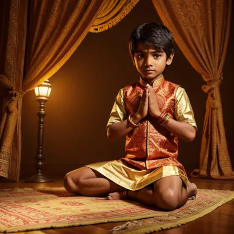 cute little Indian boy, praying pose, Indian ethnic clothing, cartoon style, highly detailed, vibrant colors, warm lighting, dynamic composition, 4k, photorealistic, masterpiece