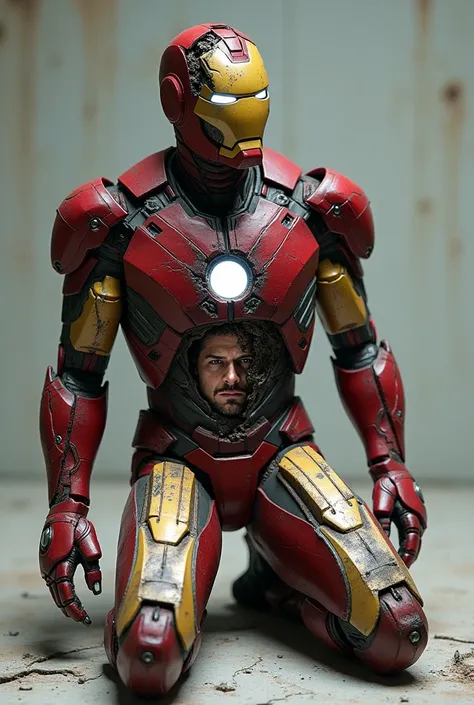 Iron Man who is kneeling and his iron suit is broken and cracked and his mask is half of Robert Danny Jr.s face and there are scars on his face.