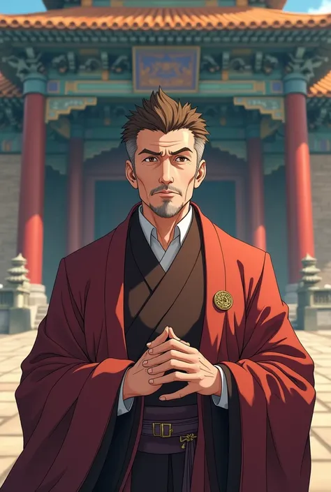 Man in priestly robes, middle-aged, priest, short brown hair, brown eyes, Ancient temple in the background, Anime Style 