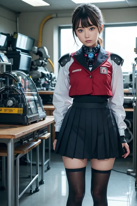 masterpiece, Best Quality, Extremely detailed, Japaese android highschool Girl,Plump ,Navy Pleated Mini Skirt,Black tights,control panels,android,Droid,Mechanical Hand, Robot arms and legs, Black Robot Parts,Black hair,Mechanical body,Blunt bangs,White abd...