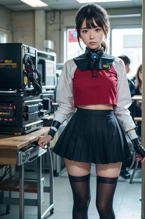 masterpiece, Best Quality, Extremely detailed, Japaese android highschool Girl,Plump ,Navy Pleated Mini Skirt,Black tights,control panels,android,Droid,Mechanical Hand, Robot arms and legs, Black Robot Parts,Black hair,Mechanical body,Blunt bangs,White abd...