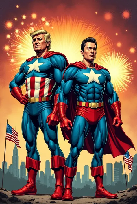 A 1960’s style comic book cover of Donald trump and Elon Musk standing together dressed as patriotic American superheroes 