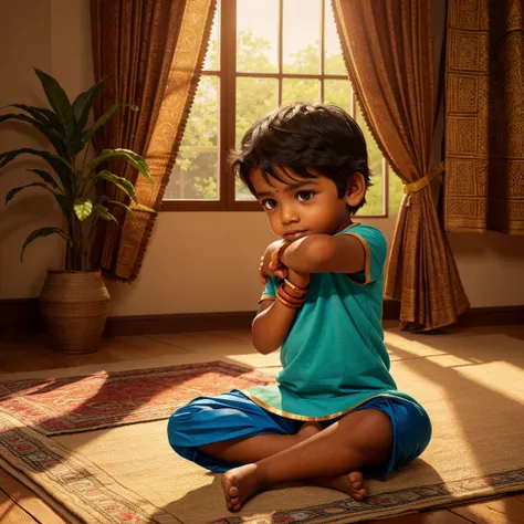 cute little Indian boy, praying pose, Indian ethnic clothing, cartoon style, highly detailed, vibrant colors, warm lighting, dynamic composition, 4k, photorealistic, masterpiece