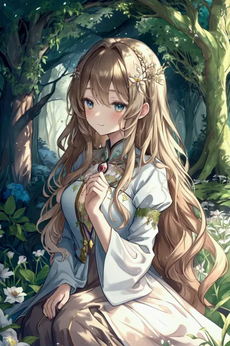 (Masterpiece), ((Highest Quality)),(Official Art),beautiful nature: 1.2),(1 solo anime character: 1.3). A regal high queen with wavy light brown hair and amber eyes, wearing flower hair ornaments under ethereal lighting. Clad in a beautiful yet modest dres...