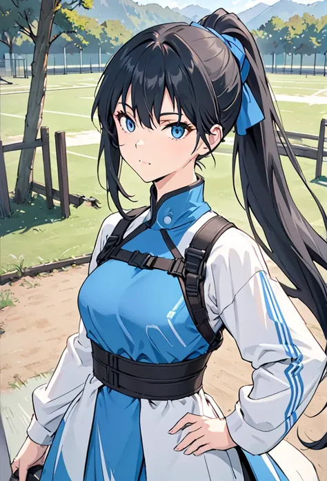 {{upper body}} {{Artist: sincos}} 1 woman, sharp and sexy female, black hair, long hair, hair in a ponytail, lidded eyes, electric blue eyes, no smile, lithe body, tall, tactic wear, harnesses, training grounds, standing, hand on hip, pov, good quality.