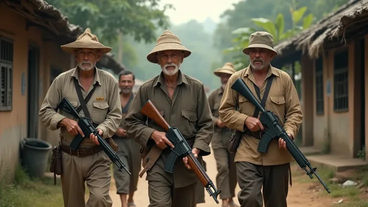 Old khmer men around 50 years old walking nearby the old village and on their hand holding guns view from above 8k  