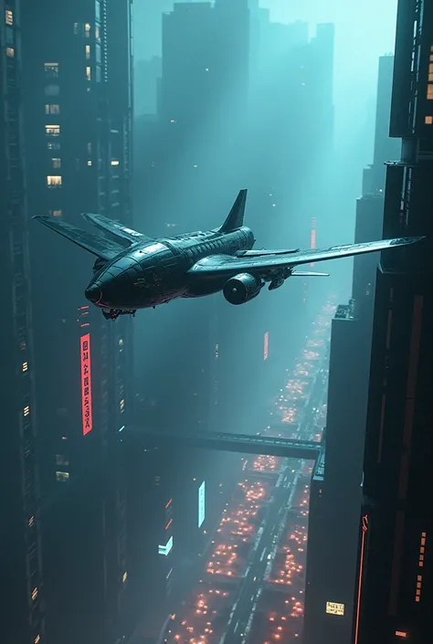 Cyberpunk World，There is a plane in the sky，Intense light and shadow，The lighting is cool，Hand-drawn，Dreams are magical