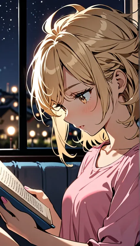 Beautiful and blond, messy styled hair, pink shirt, night, reading a book,