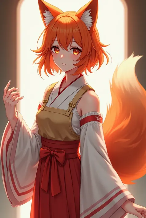 Draw me a beautiful girl with fox ears and a tail with orange hair, dressed in a white kemano with red stripes along the sleeves with a long red skirt and on top of all the clothes a beige apron with straps and a red bow on the belt. 