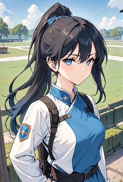 {{upper body}} {{Artist: sincos}} 1 woman, sharp and sexy female, black hair, long hair, hair in a ponytail, lidded eyes, electric blue eyes, no smile, lithe body, tall, tactic wear, militar clothes, harnesses, training grounds, standing, hand on hip, dadk...