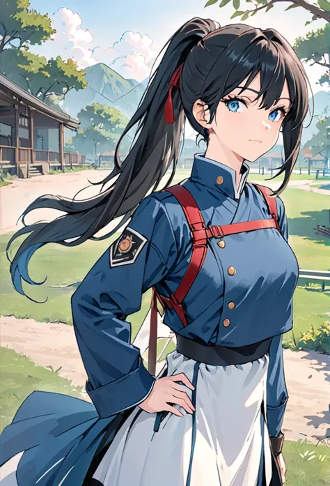 {{upper body}} {{Artist: sincos}} 1 woman, sharp and sexy female, black hair, long hair, hair in a ponytail, lidded eyes, electric blue eyes, no smile, lithe body, tall, tactic wear, militar clothes, harnesses, training grounds, standing, hand on hip, dadk...