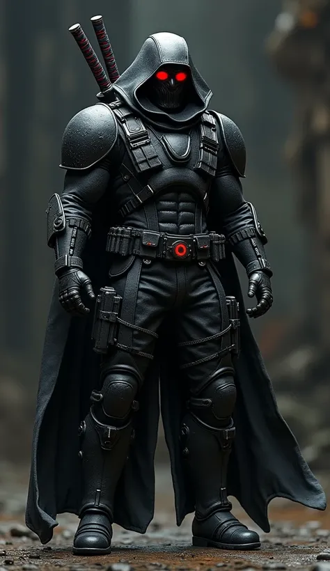 Scifi futuristic black soldier with red visor, villain, two katanas, wearing advanced armor, scratched armor, anti hero, tactical gear, meecenary, photoreal, dark, menacing, deathstroke style mask, powerful