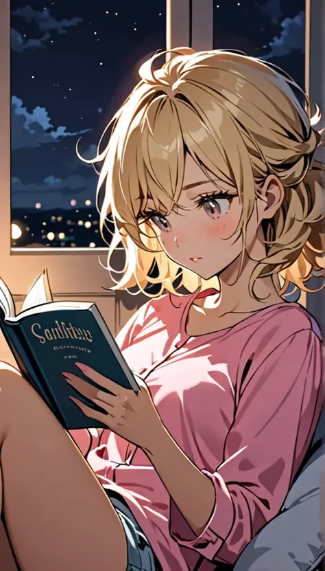 Beautiful and blond, messy styled hair, pink shirt, night, reading a book,