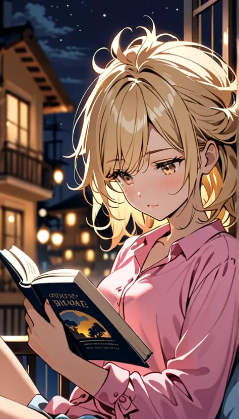 Beautiful and blond, messy styled hair, pink shirt, night, reading a book,