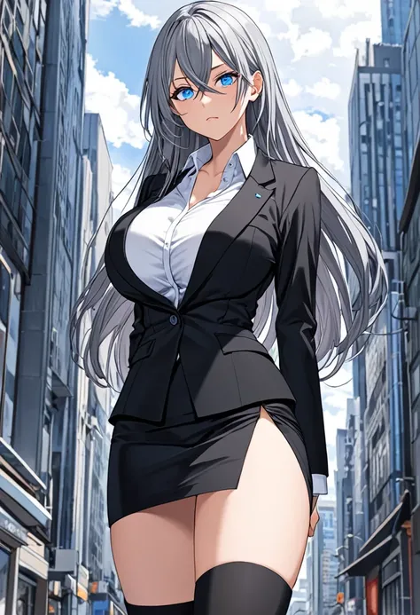 {one 25 year old female} {silver, long hair} {crossed bangs} {big breasts} {blue eyes, pinched eyes} {black suit, pencil skirt, slit} {white shirt} {black knee high socks} {standing}