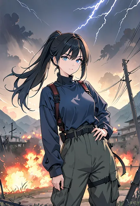 {{upper body}} {{Artist: sincos}} 1 woman, sharp and sexy female, black hair, long hair, hair in a ponytail, lidded eyes, electric blue eyes, no smile, lithe body, tall, black turtleneck shirt, harness, cargo pants in military print, training grounds, stan...