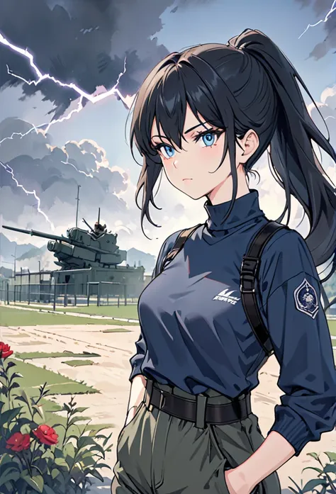 {{upper body}} {{Artist: sincos}} 1 woman, sharp and sexy female, black hair, long hair, hair in a ponytail, lidded eyes, electric blue eyes, no smile, lithe body, tall, black turtleneck shirt, harness, cargo pants in military print, training grounds, stan...