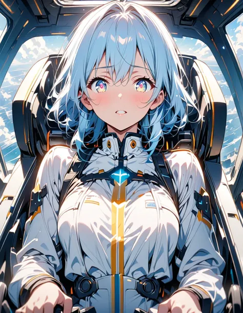 anime、Light blue hair、Near future、In the cockpit、In communication、Shining eyes、beautiful girl