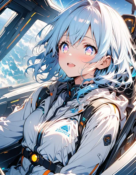 anime、Light blue hair、Near future、In the cockpit、In communication、Shining eyes、beautiful girl