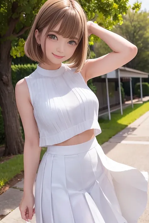 (White long pleated skirt、Sleeveless shirt)、The belly button is protruding、One of the cutest faces、Summer sunshine、Lakeside、Walking、(The wind blows, causing the hem of my skirt and my hair to flutter.)、Bob Hair、Medium breast、smile、masterpiece:1.3、Raw photo...